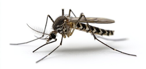 The Mosquito Closeup Macro Photo on White Background Showing Striped Abdomen and Antennae