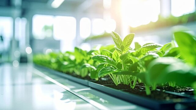 Thriving Seedlings in a Modern Greenhouse: Rows of vibrant seedlings flourish in a contemporary greenhouse, bathed in the soft glow of natural light.