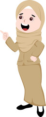 Muslim Businesswoman Cartoon Pointing. Professional Hijab Female Character for Presentation, Education & Marketing. Guiding Concept.
