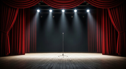 Empty Stage with Red Curtains and Spotlight Shining on Microphone Stand