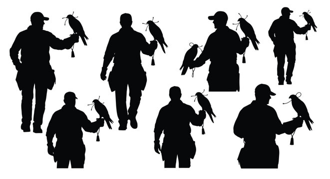 Silhouette collection of falconers with birds of prey in various poses and actions