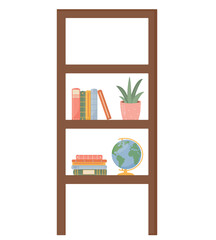 Wooden bookshelf with books, globe and plant flat vector illustration