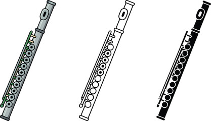 Flute silhouette & Outline and illustration set isolated on transparent background