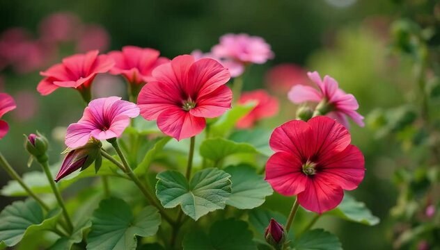 A backyard garden filled with mature geranium plants bearing colorful blooms 