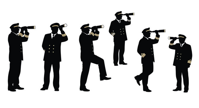 Silhouettes of sea captains in uniform observing the horizon with spyglasses in various poses