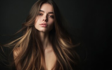 Fototapeta premium Stunning portrait of a young woman showcasing long, voluminous brown hair with blonde highlights