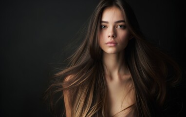 Fototapeta premium Stunning young woman with voluminous, windswept brown hair against a dark studio backdrop