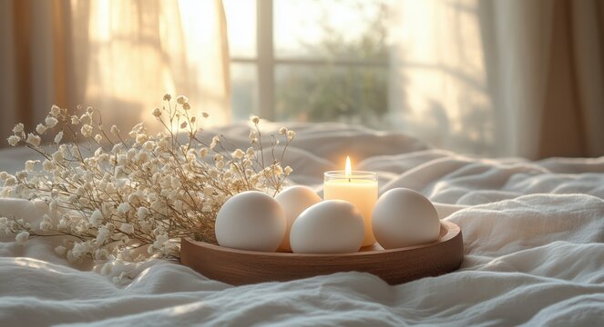 Soft Toned Easter Eggs with Linen and Spring Floral Decor