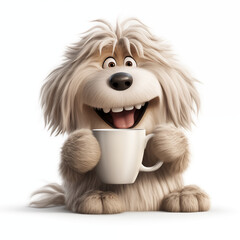 funny dog with a cup of coffee in his hand	
