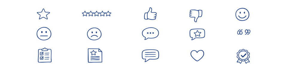 Obraz premium Set of hand-drawn customer feedback icons including stars, thumbs up, smiley faces, and speech bubbles. Ideal for reviews and satisfaction ratings.
