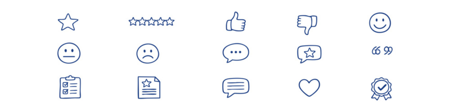 Set of hand-drawn customer feedback icons including stars, thumbs up, smiley faces, and speech bubbles. Ideal for reviews and satisfaction ratings.