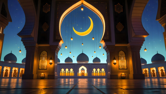 Eid Mubarak Sacred Interior With Illuminated Archway Reflective Surface And Islamic Tile Patterns