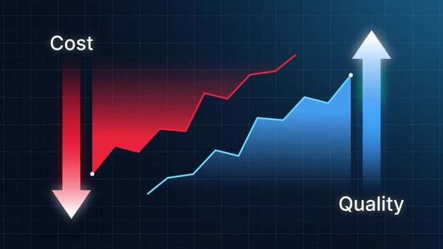 Cost optimization and quality increase for products or services to improve efficiency. Up down arrow with line graph showing quality control and cost reduction. Business strategy and management
