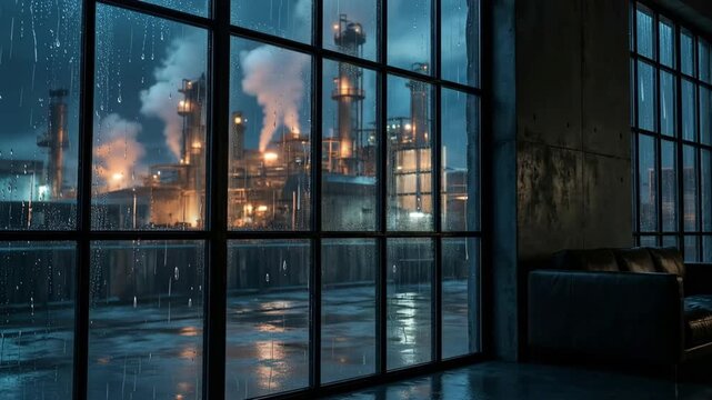 Heavy rain on window with view of industrial factory night lights, smoke stacks, dark moody interior, steampunk atmosphere, cinematic 4k loop background.