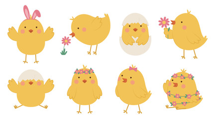 Cute Easter chicks collection in warm pastel colors. Minimal flat style baby chickens in different poses with flowers, bow, bunny ears and egg. Spring holiday greeting card design set. © Анна Шевчук