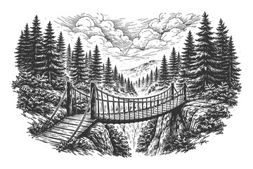 Obraz premium Wooden suspension footbridge crossing a mountain valley vector illustration, vintage hand drawn etching style adventure and nature design.