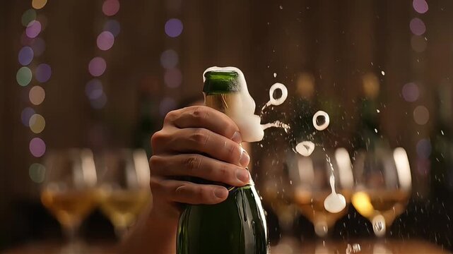 Closeup of hand popping champagne bottle causing sparkling wine and foam to dramatically erupt Festive celebration scene with bokeh lights
