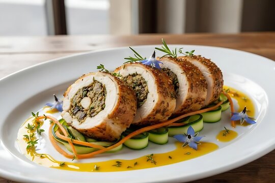 Herb-Stuffed Chicken Ballotine with Ribboned Zucchini & Carrot, Citrus-Herb Oil