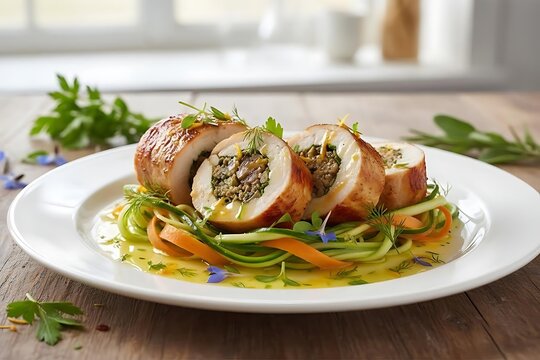 Herb-Stuffed Chicken Ballotine with Ribboned Zucchini & Carrot, Citrus-Herb Oil