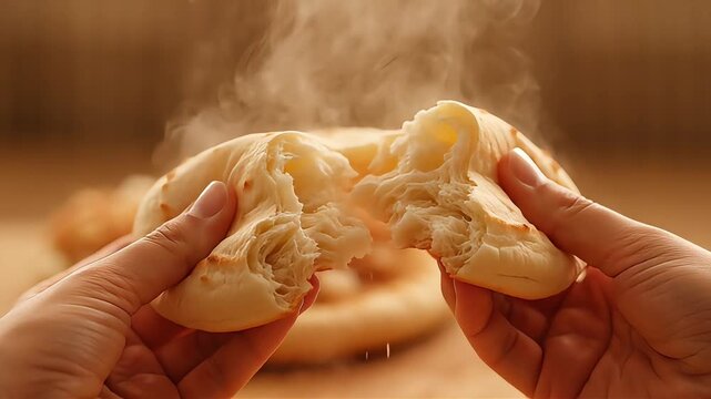 Closeup slow motion of hands tearing fresh hot flatbread Steam rises while crumbs fall emphasizing softness and warmth