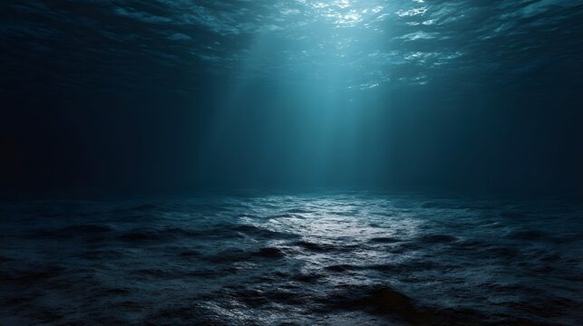 Sunlight beams filter through the dark deep blue ocean water creating a mysterious and serene underwater scene