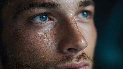 Fototapeta premium Intimate close up portrait of a man s face highlighting his intense blue eyes and thoughtful gaze against dramatic lighting