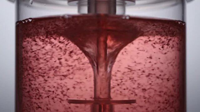 A high-speed impeller creates a deep, stable vortex in a transparent tank, vigorously mixing a red liquid containing dark suspended particles throughout the 8-second duration.