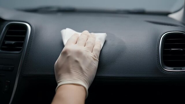 A hand wearing a glove wipes the car's interior dashboard with a cloth, focusing on cleanliness and detail.