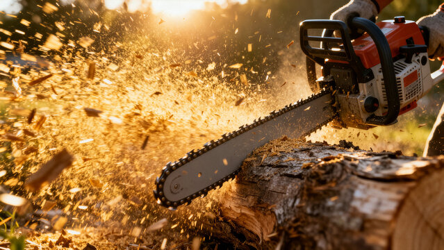 A chainsaw cuts a tree.