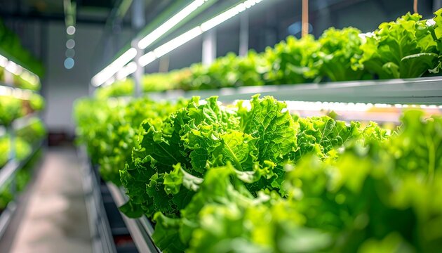 Lush Green Lettuce Cultivated in Advanced Indoor Vertical Farm Under LED Lighting for Sustainable Fresh Produce