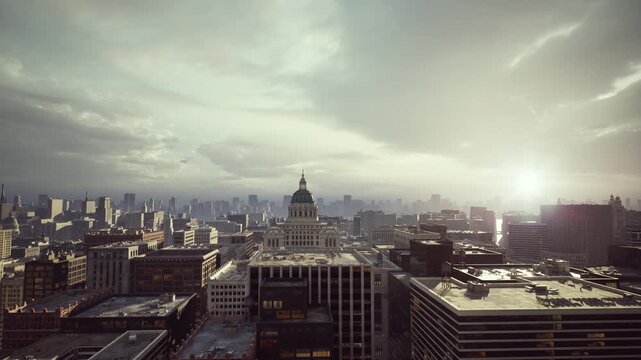 Golden sunrise over busy city skyline, aerial panorama with sunburst behind central dome, reflective rooftops and warm lens flare, streets beginning to fill