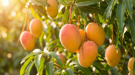 Manguier avec des mangues m&ucirc;res suspendues aux branches sous un soleil &eacute;clatant