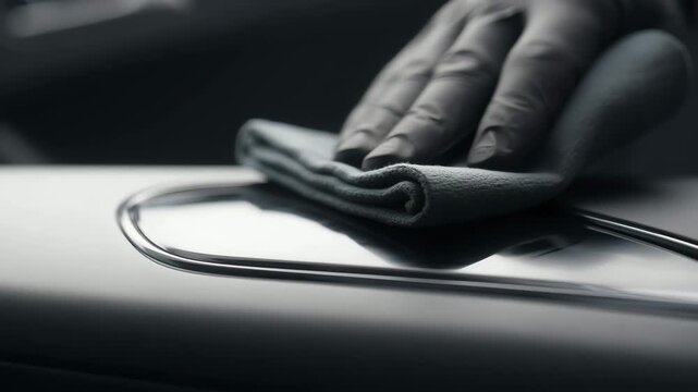 A hand wiping the car interior dashboard with a cloth in a detailed close-up view