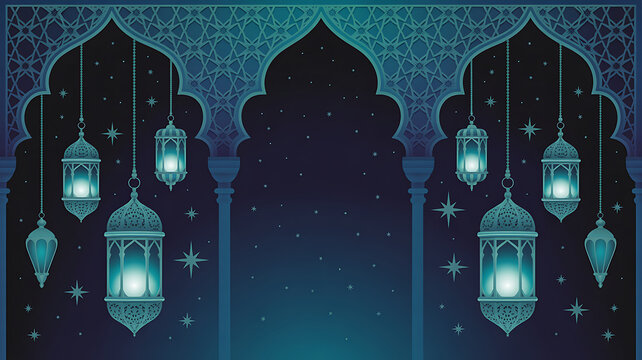 Islamic background with ornate blue archways, hanging lanterns, stars, and geometric patterns, evoking a mystical night during Ramadan or Eid.