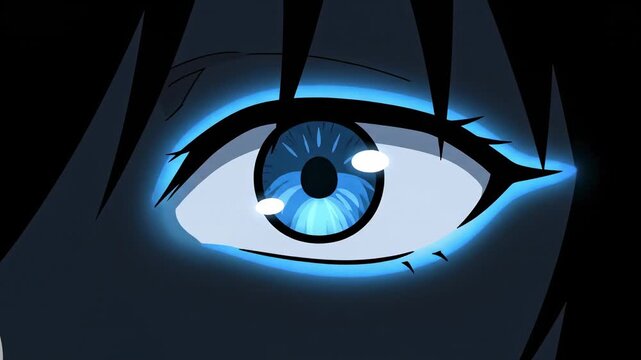 Anime character's closed eye glowing with intense blue energy, dark background