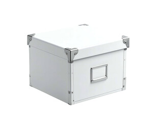 Clean white storage box with metal accents, open on one side