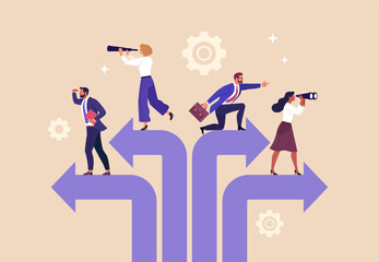 Business Direction Concept. Vector illustration of professionals choosing different paths and looking ahead. Concept of strategy, leadership, decision making, vision and career growth. © nadzeya26