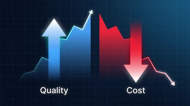 Quality and cost control, Improve work efficiency for quality control and company cost reduction. Up and down arrow with line graph. Successful business strategy and management 