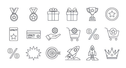 Fototapeta premium Loyalty Program Icons: Stars, Gifts, Trophies, Shopping Carts, Rockets, Crowns