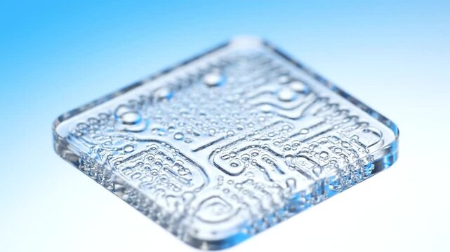 A detailed macro shot captures a transparent, circuit-patterned square chip covered in water droplets against a bright blue gradient. The object remains static or slowly rotates, highlighting technol