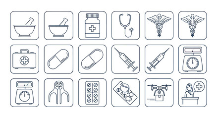 Fototapeta premium Medical Icons Set: Healthcare Symbols and Pharmacy Equipment Line Art