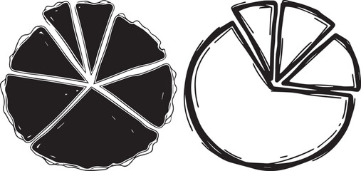 A black and white illustration of a pie chart with sections, used for business, finance, and data analysis presentations vector silhouette