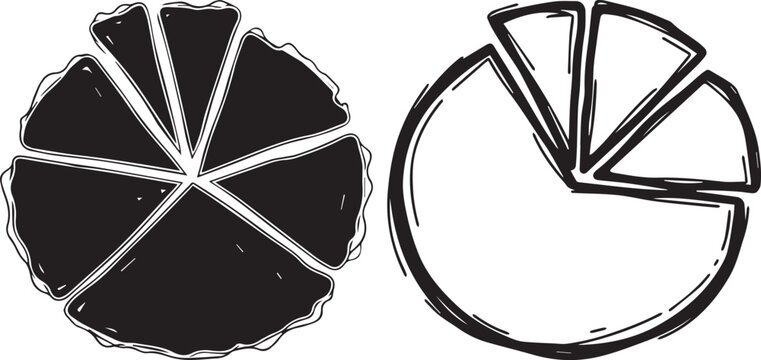 A black and white illustration of a pie chart with sections, used for business, finance, and data analysis presentations vector silhouette