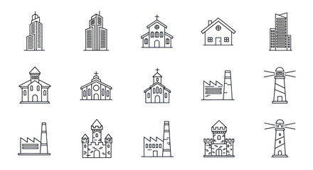 Fototapeta premium Modern and Classic Building Icons: Cityscapes, Churches, Houses, Factories, Lighthouses
