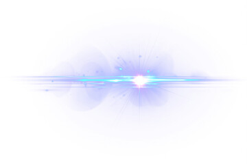 Abstract blue neon light beam with starburst explosion, glowing particle dust, multiple lens flares and thin transparent light streaks. Futuristic luminous effect isolated in PNG format.