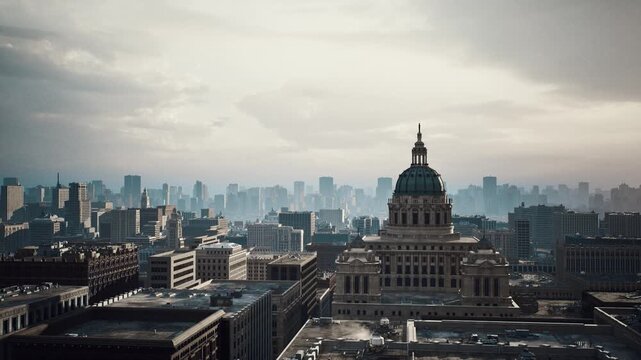 aerial skyline domed capitol cloudy sky, cinematic drone pan across historic dome, dense urban grid, highrise silhouettes fading into mist, muted tones