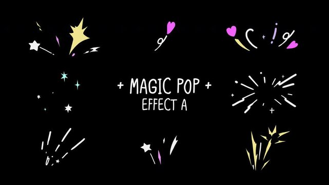 Cute Magic Pop Click Sparkle Effect Animation, hand-drawn impact burst star flash doodle, heart, element for button click highlight, alpha channel transparent background, Set A