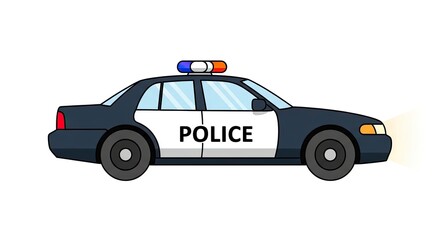 Fototapeta premium Police car illustration with flashing lights on a plain background viewed from the side