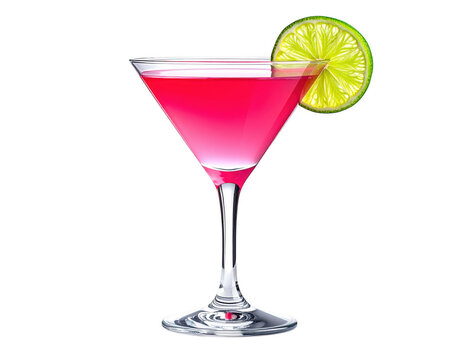 Cosmopolitan with a lime wedge garnish in a cocktail glass, vibrant pink liquid, isolated on a white background