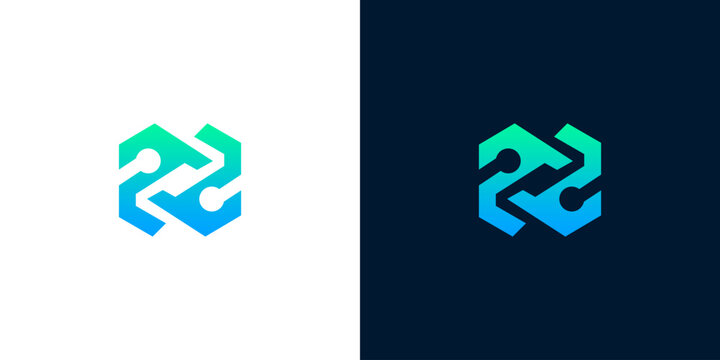 Modern and futuristic abstract logo design with interconnected geometric shapes and gradient color scheme, symbolizing innovation and technology. Represents connection and digital networks